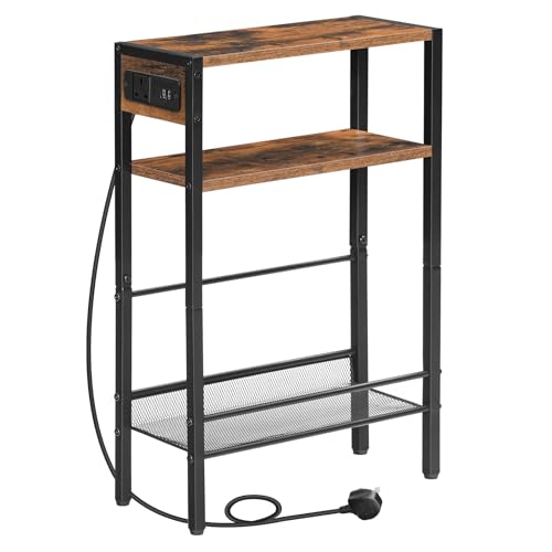 HOOBRO Narrow Side Table with Charging Station, Skinny Nightstand with USB Ports and Outlets, Slim Sofa End Table, Industrial Bedside Table with Storage Shelf, Rustic Brown and Black EBF102KBZ01