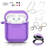 LKDEPO 7 in 1 Airpods Case Accessories Set Compatible with Apple AirPods 2 & 1 [Front LED Not Visible] [Include Protective Silicone Case Cover/Ear Hook/Keychain/Strap/Travel Coin Bag] (Purple)