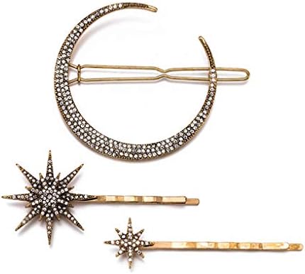 Leiothrix Moon Hexagram Crystal Hair Clips Set Decorative Hair Accessoeies Headpieces for Women 3pcs Gold