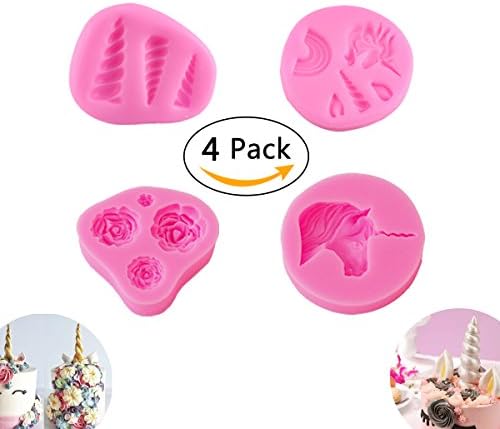 Mini Unicorn Mold Unicorn Horn Ears Flower and Rainbow Cupcake Topper Fondant Chocolate Mold For Baby Birthday Party(Set of 4) (Pink)