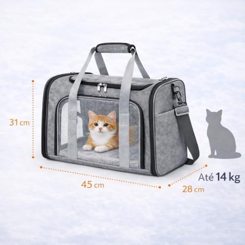 Bolsa de Transporte para Pets Grande em Poliéster com Tela Respirável, Cinza, 45x31x28cm, Aprovada para Avião, com Tapete Almofadado e Alça Ajustável