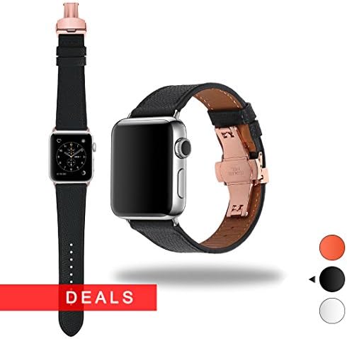 Apple Watch Leather Band 42mm, Mobest Epsom Calf Leather iWatch Strap,Stainless Metal Double Folding Butterfly Clasp Replacement for 38mm Apple Watch Series 3/2/1,Sport and Edition-Black