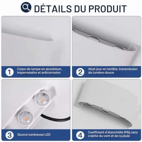 2 Pack Applique Murale Extérieur/Intérieur LED Appliques Extérieure 12W 1200lm ip65 imperméable moderne en aluminium up and down applique lumineuse spot Lampe Murale(blanc 4500k lumière naturelle)