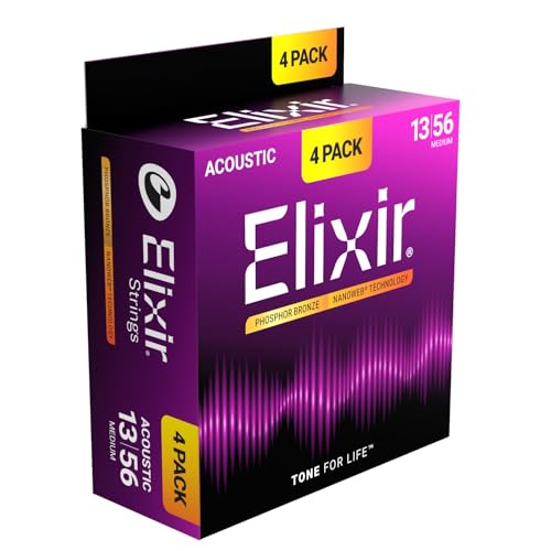 Elixir Saiten für Akustikgitarren aus Phosphorbronze mit NANOWEB -Technologie, Medium (.013-.056) — Exklusiv bei Amazon, 4er-Pack