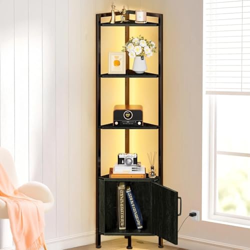 GARUISKY Estante Esquinero con Puertas y Luz LED, Librero de 5 Niveles con Estantes, Organizador de Estantes de 1.6m de Alto, Ideal para Esquinero para Sala, Dormitorio, Oficina (Negro)