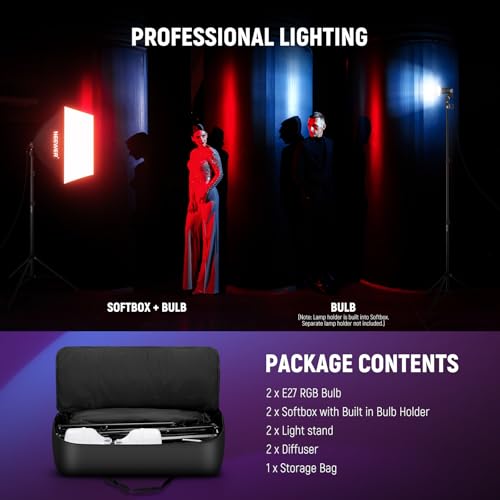 Neewer RGB Softbox Lighting Kit with App Control & 9 Effect Modes, 2 Pack 24W CE/UKCA Certified LED Bulbs CRI93+ TLCI98+, E27 Porcelain Sockets, 24" Softboxes, for Studio Photography Lighting, NK800