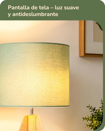 EDISHINE LED Table Lamp, Linen Shade and Wooden Base, Set of 2 Modern Table Lamp, Warm White Light 2700K, E27 Table Lamp for Bedroom and Living Room, 4W LED Bulb Included