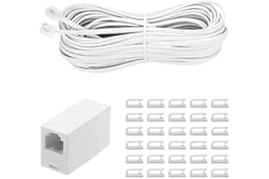 Seefeful 100 Feet Long Telephone Extension Cord Phone Cable Line Wire, with Standard RJ11 Plug and 1 in-Line Couplers and 30 Cable Clip Holders-White (100 Feet)