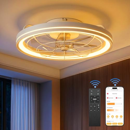 Ceiling Fan with Lighting, Dimmable Ceiling Light with Fan Quiet, Diameter 48 cm, 6 Levels, 3000-6500 K, Remote Control & App, Timer, Ceiling Fan Light for Bedroom, Living Room (White)