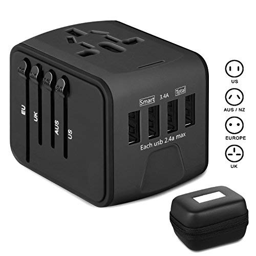 Travel Adapter International Universal Travel Power Adapter With Smart 2.4A 4 USB Ports Wall Charger Converter All in One Worldwide AC Plug Socket Fast Charger for US EU UK AU Asia Cell Phone Laptop