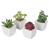 MyGift Set of 4 Small Modern Cube-Shaped White Ceramic Planter Pots with Artificial Succulent Plants