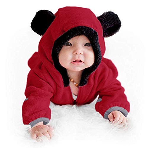Pocciol Infant Toddler Baby Girls Boys Cartoon Ears Hoodie Romper Jumpsuit Winter Outerwear Coat 0-24 Months (Red, 6-12Months)