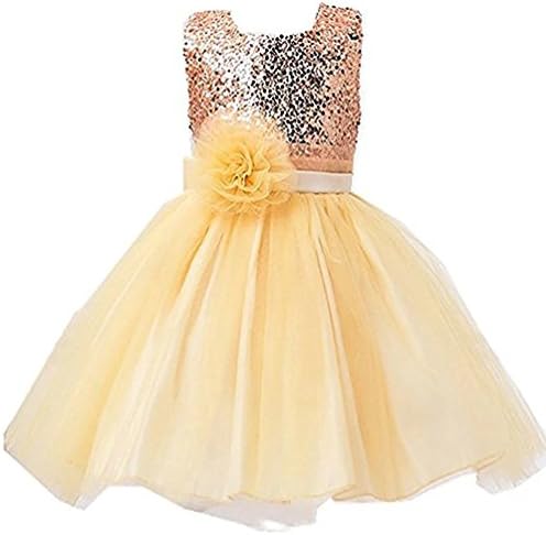ZAH Sequin Mesh Flower Party Wedding Gown Bridesmaid Tulle Dress Little Girl(081-Gold,5Y)