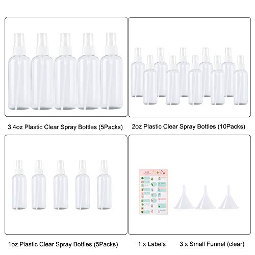 20 Pack Clear Spray Bottle Portable Plastic Refillable Container - for Liquid Alcohol Holding, Hairstyling, Cleaning, Plants, Misting & Skin Care - Plastic Small Spray Bottle Water Mister (20-4)