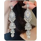 Wiwpar Antique Silver Bohemian Long Tassel Bell Crystal Vintage Indian Bollywood Jhumka Jhumki Drop Earrings Traditional Ethnic Beads Bell Statement Chandelier Dangle Earrings for Women