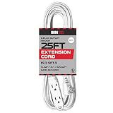 25 Ft White Extension Cord with 3 Electrical Power Outlet - 16/3 Durable White Cable