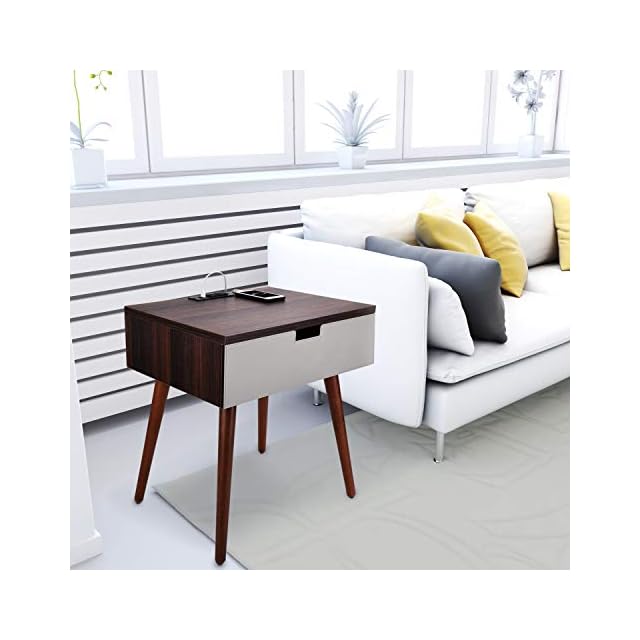 Frylr Nightstand Bedside Table with Charging Station and USB Port, Modern PU Leather Drawer End