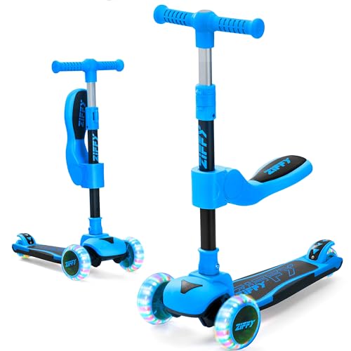 ZIFFY 2-in-1 Toddler Scooter with Seat, 3 Wheel Scooter with LED Lights, Anti-Slip Surface, Adjustable Height Handlebars and Foldable Seat, Toys for Kids Ages 3-12 (Up to 110 Lbs)