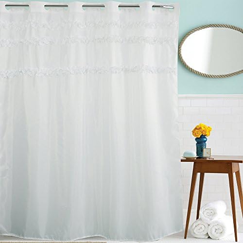 Pure White Hookless Shower Curtain, Polyester Bath Curtain with Lace, 71x 71 inches