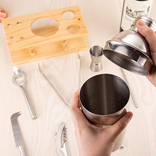 Xena 9 Piece Stainless Steel Bar Cocktail Shaker Set Bamboo Holder Barware Bartender Utensils Kit Accessories