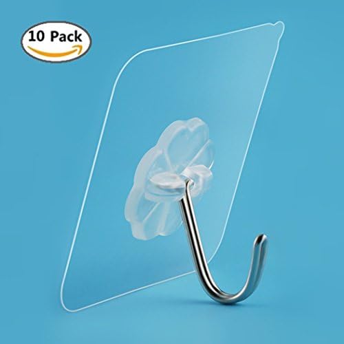 MEETFUN 10pcs Transparent Strong Adhesive Wall Hooks 22 lbs/10kg Heavy Duty Waterproof Reusable Seamless Sticky Hook for Bathroom Kitchen Wall &amp; Ceiling (10)