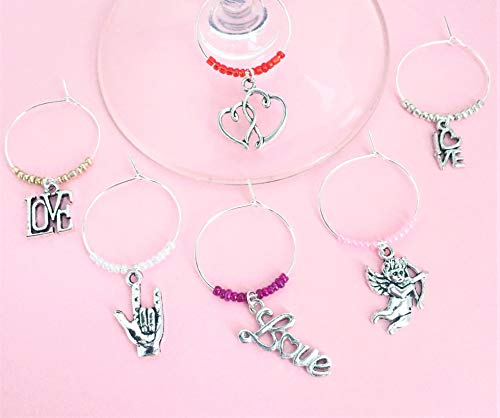 Romantic Love themed Wine Charms, Valentine gift, Cupid, Heart, Love, and XO wine charms. Set of 6. MULTI-COLORED BEADS