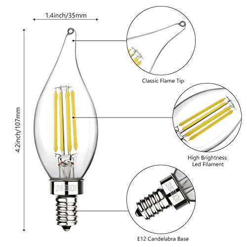 Boncoo E12 Candelabra LED Bulbs Dimmable 60W Equivalent LED Chandelier Light Bulbs 6W Daylight White 5000K 550LM CA11 Flame Tip Vintage LED Filament Candle Bulb with Decorative Candelabra Base 6 Packs - Thumbnail 2