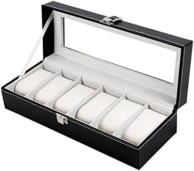 New Watch Box Leather Display Case 6 Slot Organizer Top Glass Jewelry Storage Black
