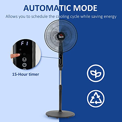 HOMCOM 16-Inch Pedestal Fan, Standing Fan with Adjustable Height, 3 Speeds, 85° Oscillation, LED Control Panel, Remote, 15H Timer for Living Room Bedroom Office, Black