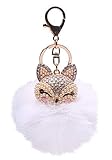 White Fox Fur Ball with Artificial Fox Head Inlay Pearl Rhinestone Key Chain for Womens Bag or Cellphone or Car Pendant