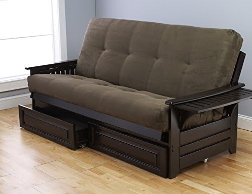 Phoenix Espresso Frame w/ 8 Inch Mattress Microfiber Suede Futon Set Wood Sofa Bed (Frame w/ Olive Mattress w/ Drawers Full Size)