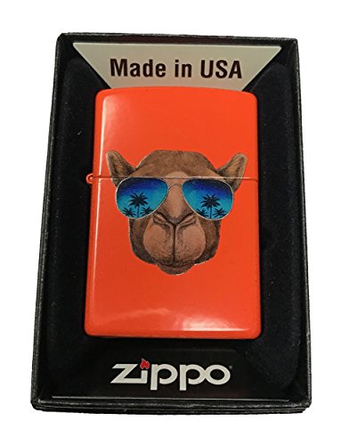 Zippo Custom Lighter - Cool Camel w/ Blue Sunglasses & Palm Trees - Neon Orange