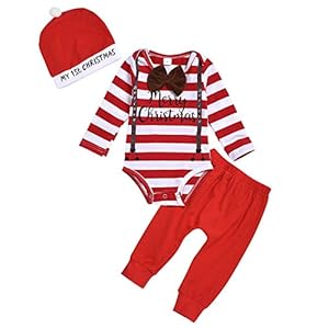puseky Baby Boys My First Christmas Outfit Stripe Romper met lange mouwen + broek + muts Kerstkleding Set