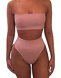 Ybenlow Women's 2 Piece Solid Bandeau Swimsuit Top Bottom Set,Pink,Large