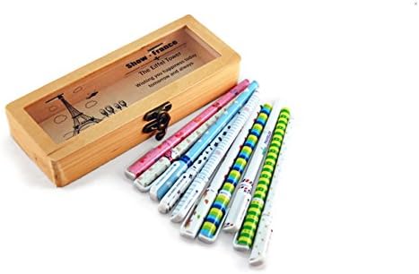Pontique - A Vintage Wooden Pencil Case and 10 Korean Gel Ink Pens (Paris Eiffel Tower 1)