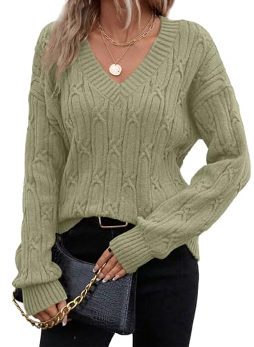 SHEWIN Fall Sweaters for Women Casual V Neck Long Sleeve Tops Sweater Soft Lightweight Womens Early Fall Fashion 2026 Sweaters Grass Green X-Large at Amazon