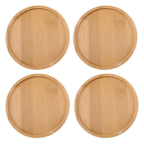 Autrix 4.7 Inch Round Bamboo Plant Saucer Plant Trays for Flower Cactus Owl Pot, 4 Pack