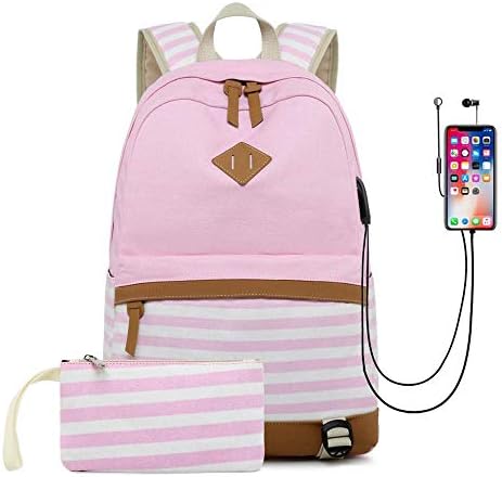 HFY School Backpack, Laptop Backpack 15.6 Inch, Canvas Backpack School Bags Set for Teens Girls School Backpack with USB Port and Earphone Port, College School Bag for Casual Travel (Pink-1)