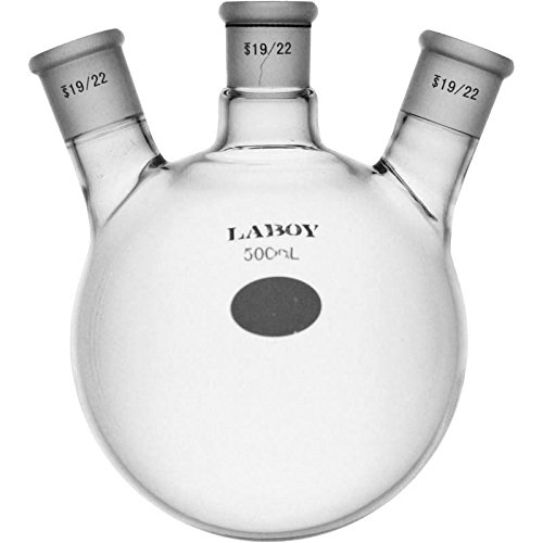 Laboy HMF011424 Glass 500 mL 3 Neck Round Bottom Boiling Flask with 19/22 Center and Side Joints Angled