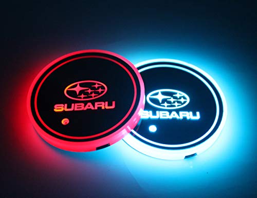 2pcs LED Car Cup Holder Lights for Subaru, 7 Colors Changing USB Charging Mat Luminescent Cup Pad, LED Interior Atmosphere Lamp