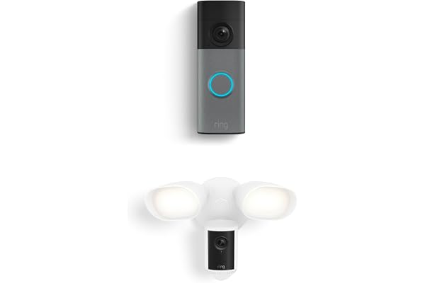 Ring Battery Doorbell (newest model), Speckled Gray with Floodlight Cam Pro (newest model), White