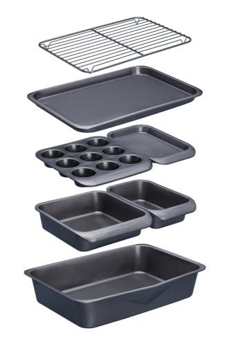 Seven-first Master Class KitchenCraft Smart Space Non Stick Carbon Steel Stackable Bakeware Set Including Roasting Tin, Baking Trays and Muffin Tray, 7 Piece Set