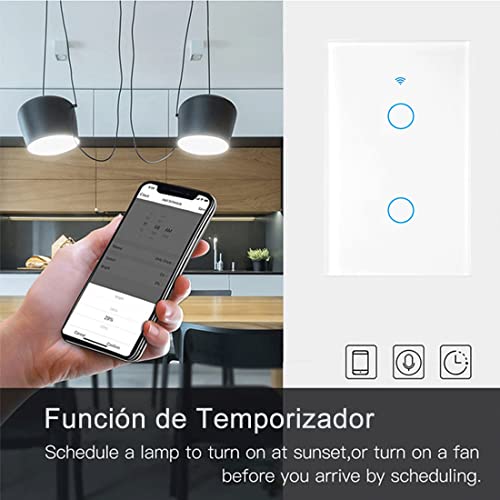 DQST Interruptor Apagador Inteligente WiFi, SE REQUIERE CABLE NEUTRO, Smart Switch con Tecla Táctil Sensibilidad, Control Remoto 2.4G WiFi, Compatible con Alexa/Google Home/IFTTT (2 Gang)