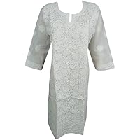Mogul Interior Womans White Tunic Cotton Paisley Floral Hand Embroidered Caftan Dress Indian Beach Kurta