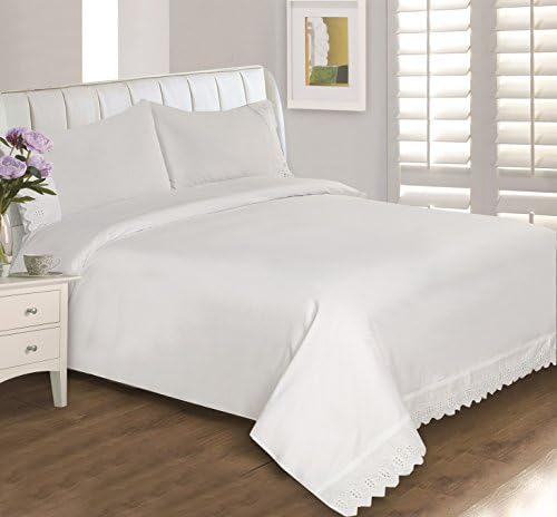 Homefabrics Eyelet Lace Ultra Soft Silky Zipper Solid Cotton Blend 400 Thread Count All Season 3 Pieces Duvet Cover Set with 2 Pillowcases, White Color Double/Full Size