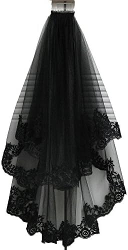 Wendybridal Black Lace Veil Elbow Length Wedding Halloween Veil With Comb
