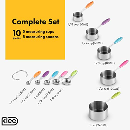 Klee Stainless Steel Measuring Cups and Spoons Set - Baking Measuring Cups, Cooking Measuring Spoons - Accurate Measuring Cups for Liquid and Dry Ingredients - Colorful Unbreakable Measuring Cups
