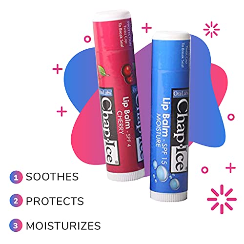 Chap-Ice® | Assorted 24-Count Lip Balm with Sunscreen | Made in USA, Includes Gravity Feed Display Box | 24 Sticks (0.15oz/4.25g Each), 2 Flavors - Cherry (SPF-4) and Moisture (SPF-15)