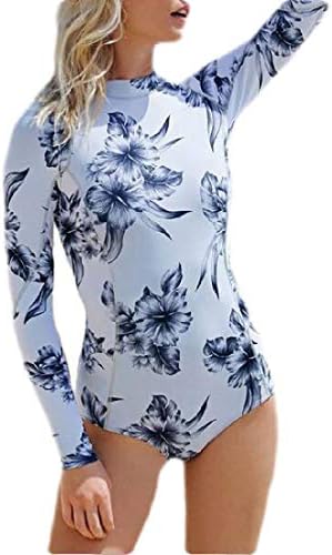 dahuo Women Zip Front Floral Print Long Sleeve One Piece Swimsuit Rash Guard Swimwear