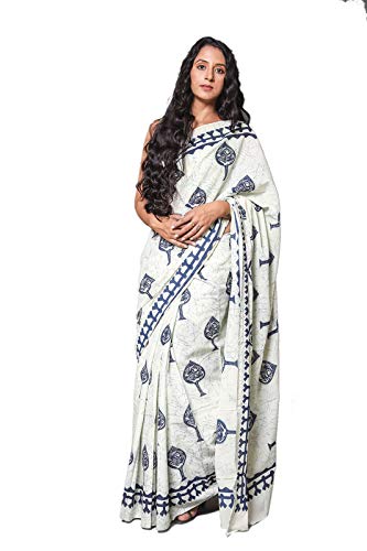Hand Block Printed Cotton Mulmul Saree with unstitched Blouse (Jaipuri Print)